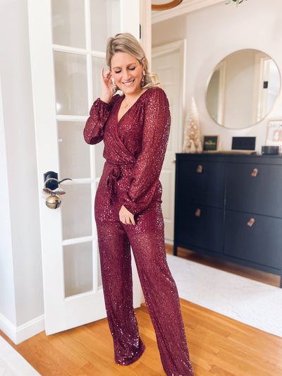 Can’t Dull my Sparkle Burgundy Sequin Front Tie Jumpsuit