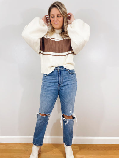 Give them Stripes Brown + Cream Balloon Sleeve Mock Neck Sweater