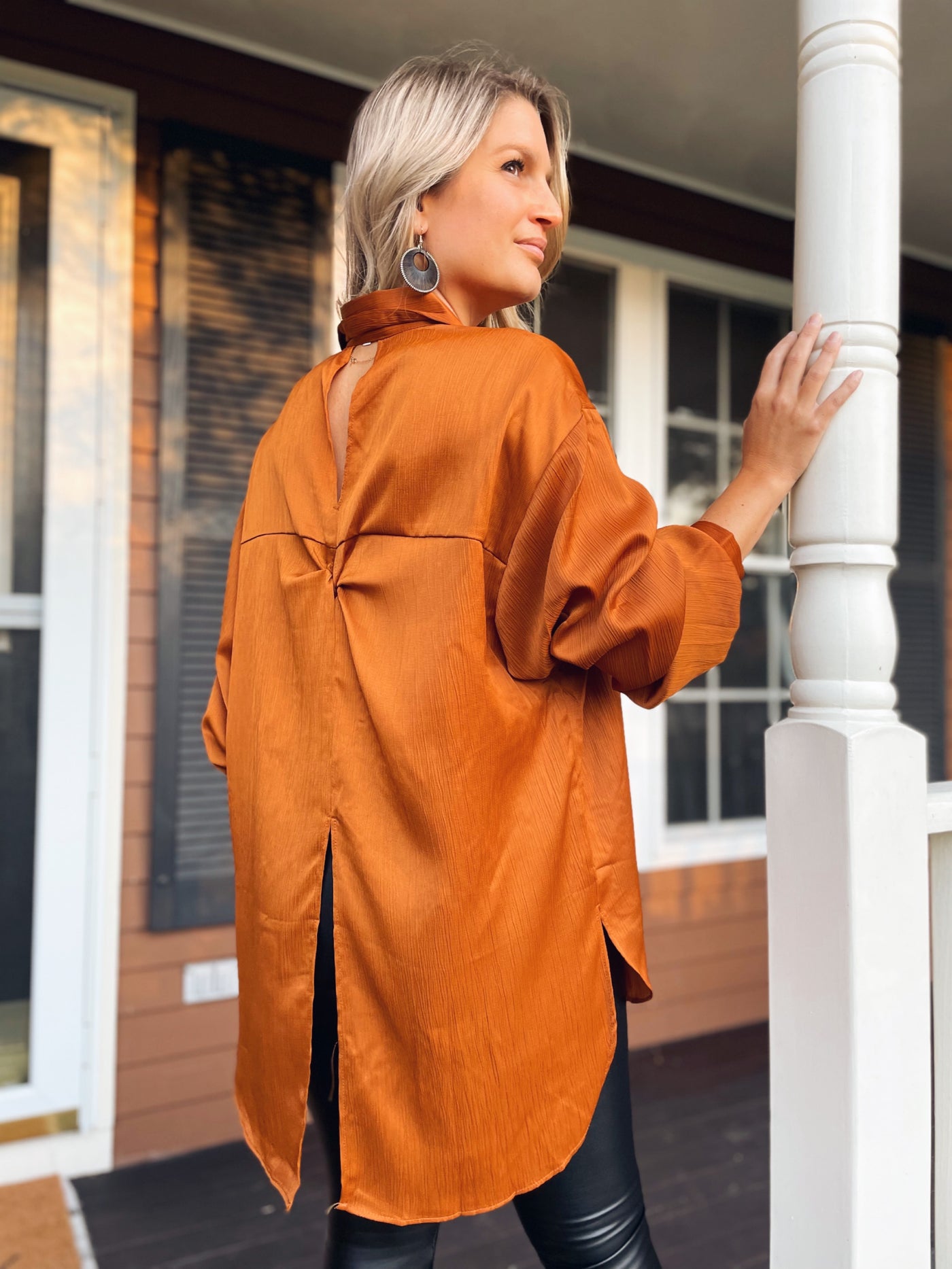 Ginger + Spice Twist Back Oversized Button Down Satin Luxe Top