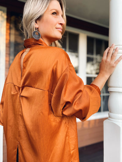 Ginger + Spice Twist Back Oversized Button Down Satin Luxe Top