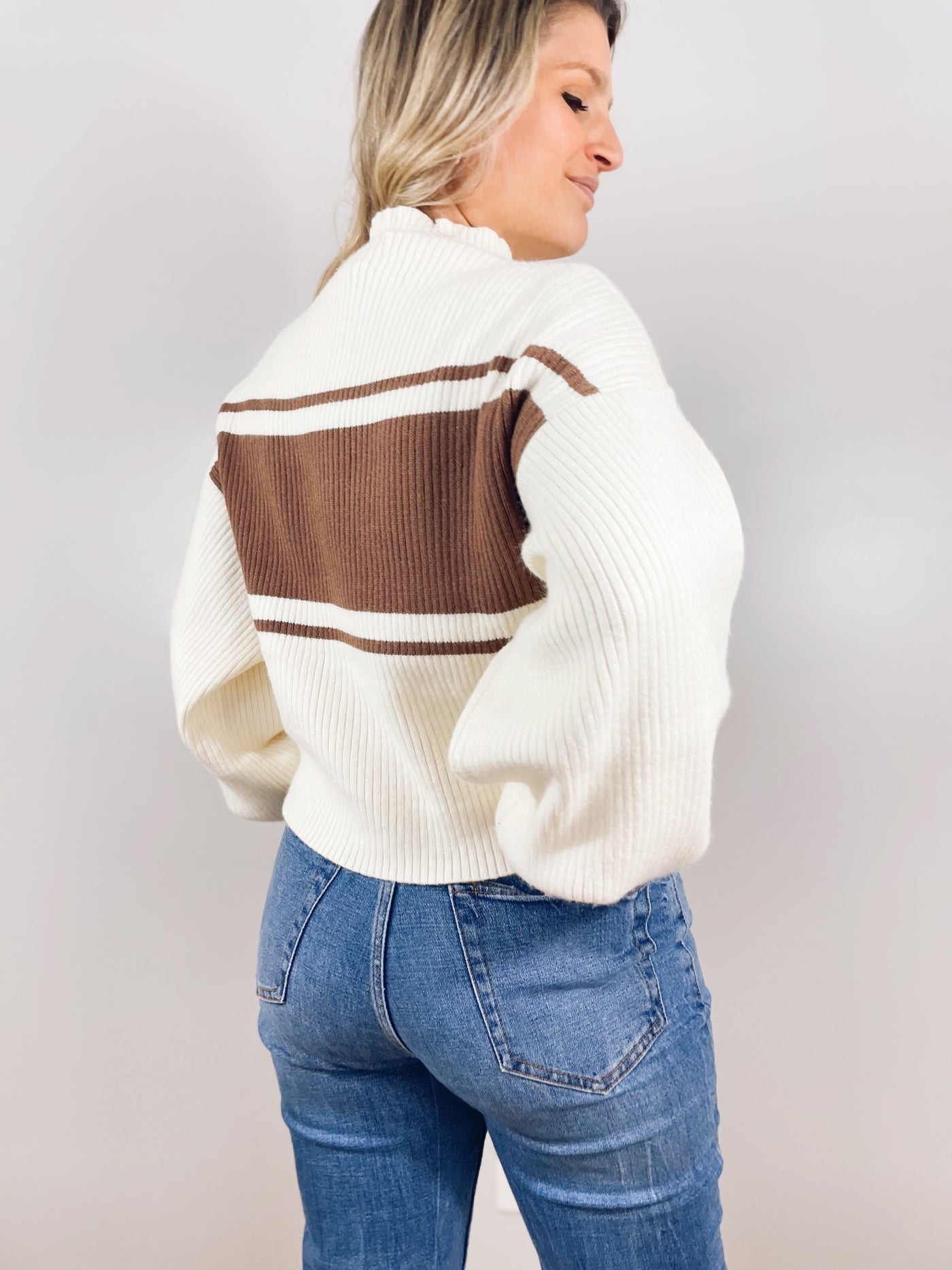 Give them Stripes Brown + Cream Balloon Sleeve Mock Neck Sweater