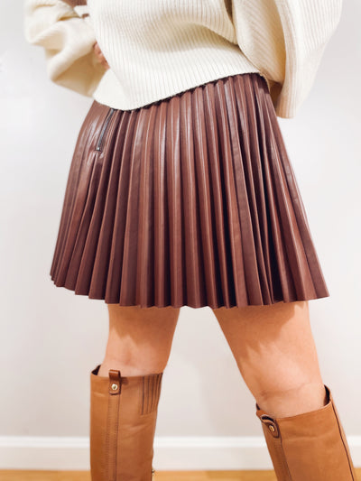 She’s the One Faux Leather Pleated Brown Skirt